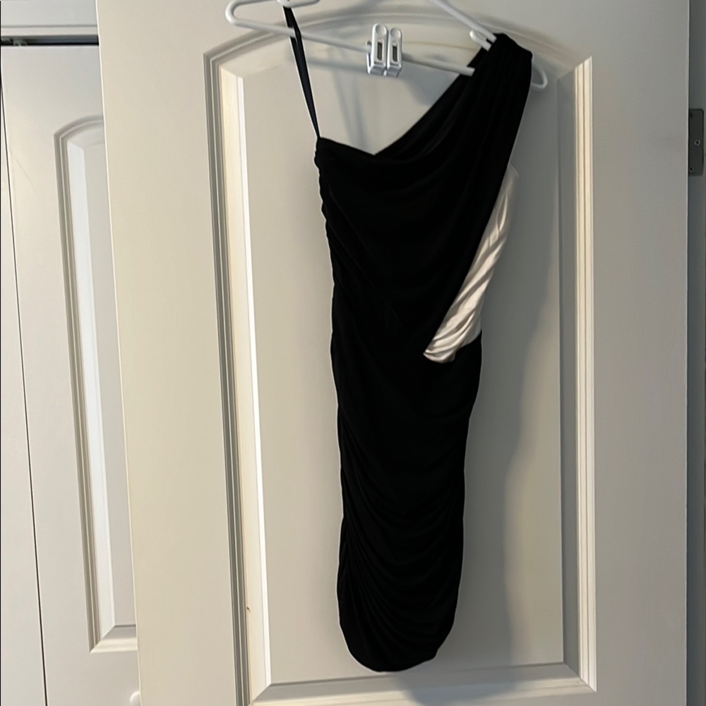 Bebe Black and White Asymmetrical Ruched Cocktail Dress